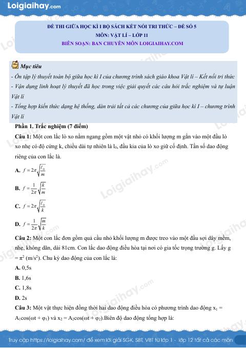 Đề thi giữa học kì 1 Vật lí 11 Kết nối tri thức - Đề số 05